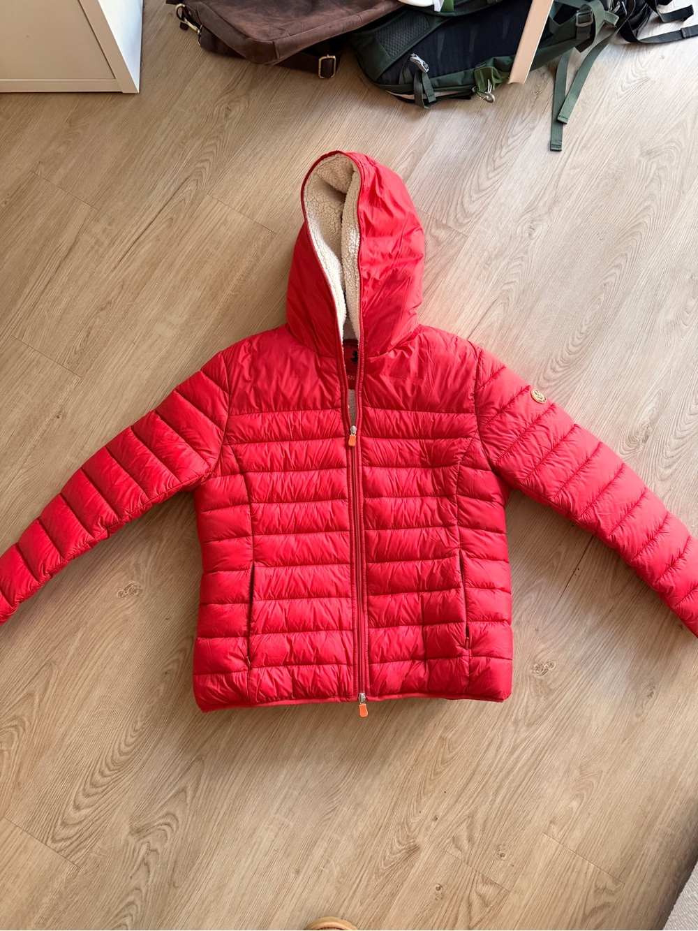 SAVE THE DUCK Red Puffer Jacket with Cream Sherpa Lining